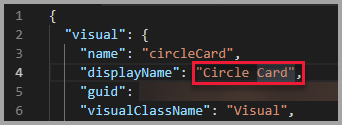 Kuvakaappaus VS Code -ohjelmasta, joka näyttää näytön nimen arvon olevan asetettu Circle Cardiksi.