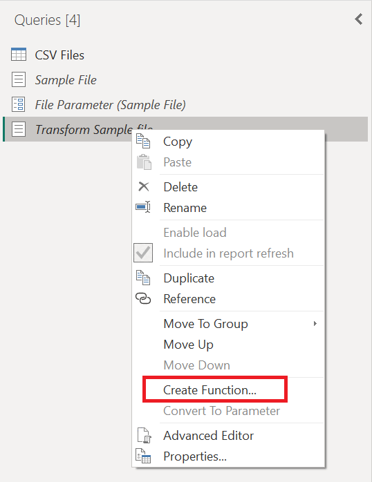 Kuvakaappaus Create-toiminnosta, jota käytetään Transform Sample -tiedostokyselyssä.