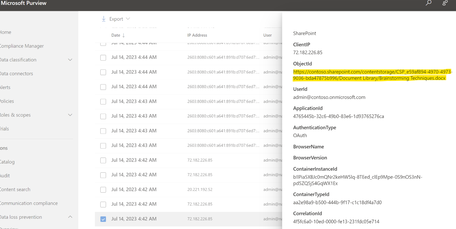 Microsoft Purview audit search results for SharePoint Embedded activity, including the ContainerInstanceId and ContainerTypeId fields.