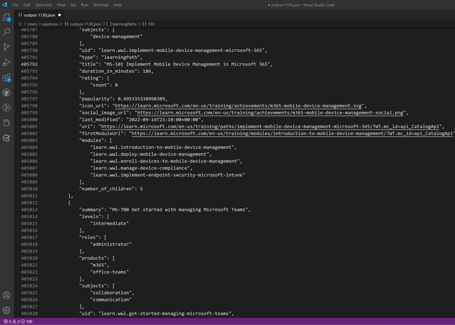 näyttökuva Learnin hakemiston ohjelmointirajapinnan tulosteesta Visual Studio Codessa.