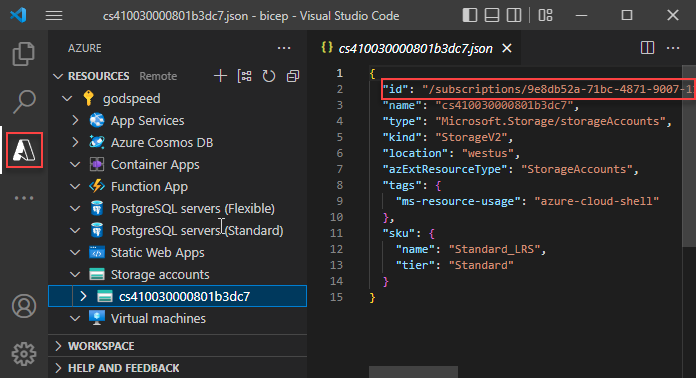 Capture d’écran de l’extension Azure Resources pour Visual Studio Code.