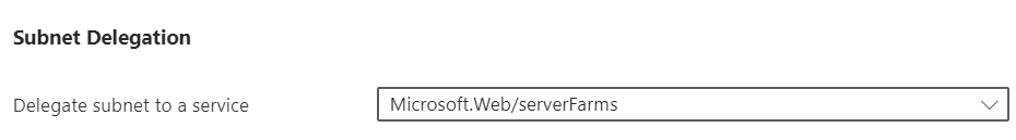 Capture d'écran montrant la délégation de sous-réseau à Microsoft.Web/serverFarms dans le portail.