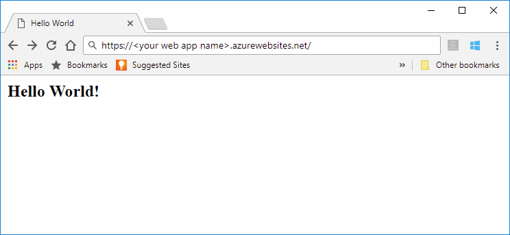 Capture d’écran de l’application Web Maven Hello World en cours d’exécution dans Azure App Service.
