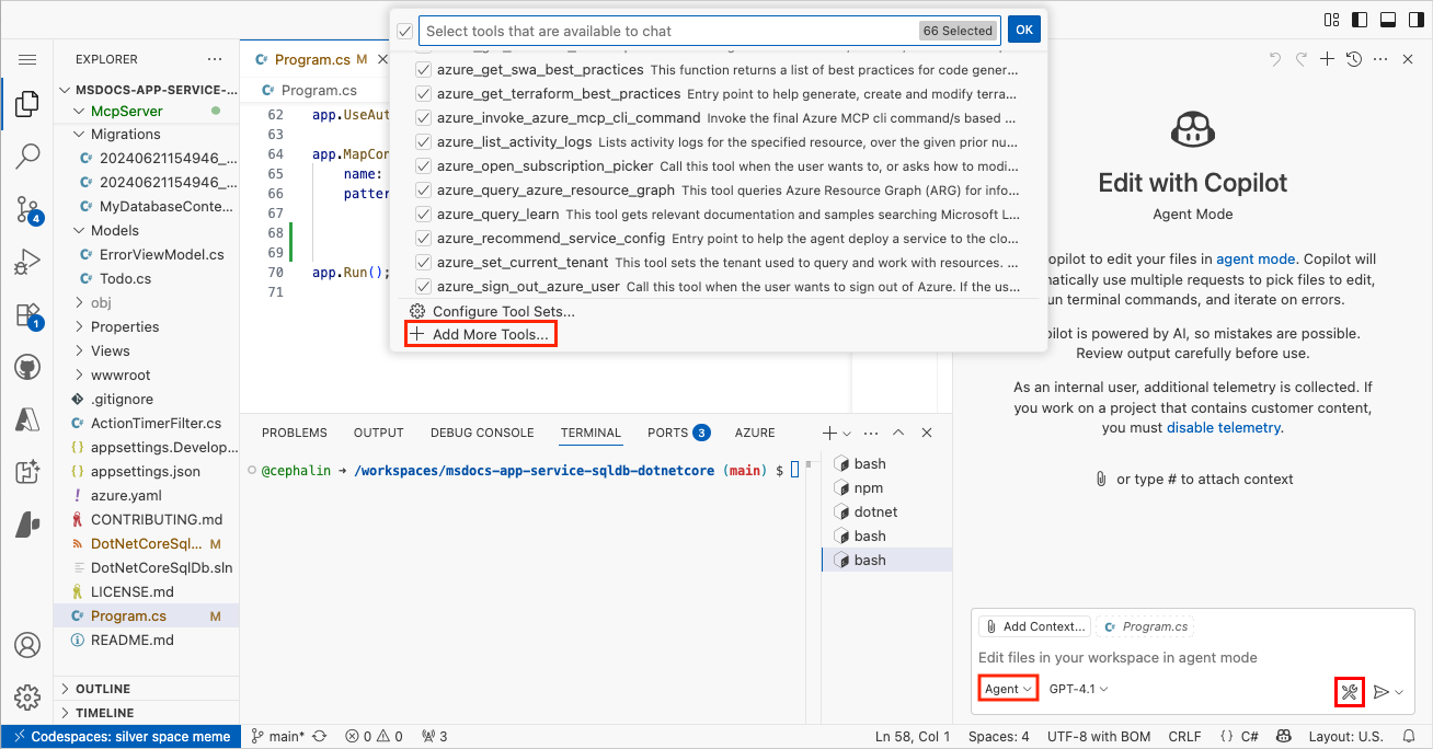 Capture d’écran montrant comment ajouter un serveur MCP en mode Agent GitHub Copilot Chat.