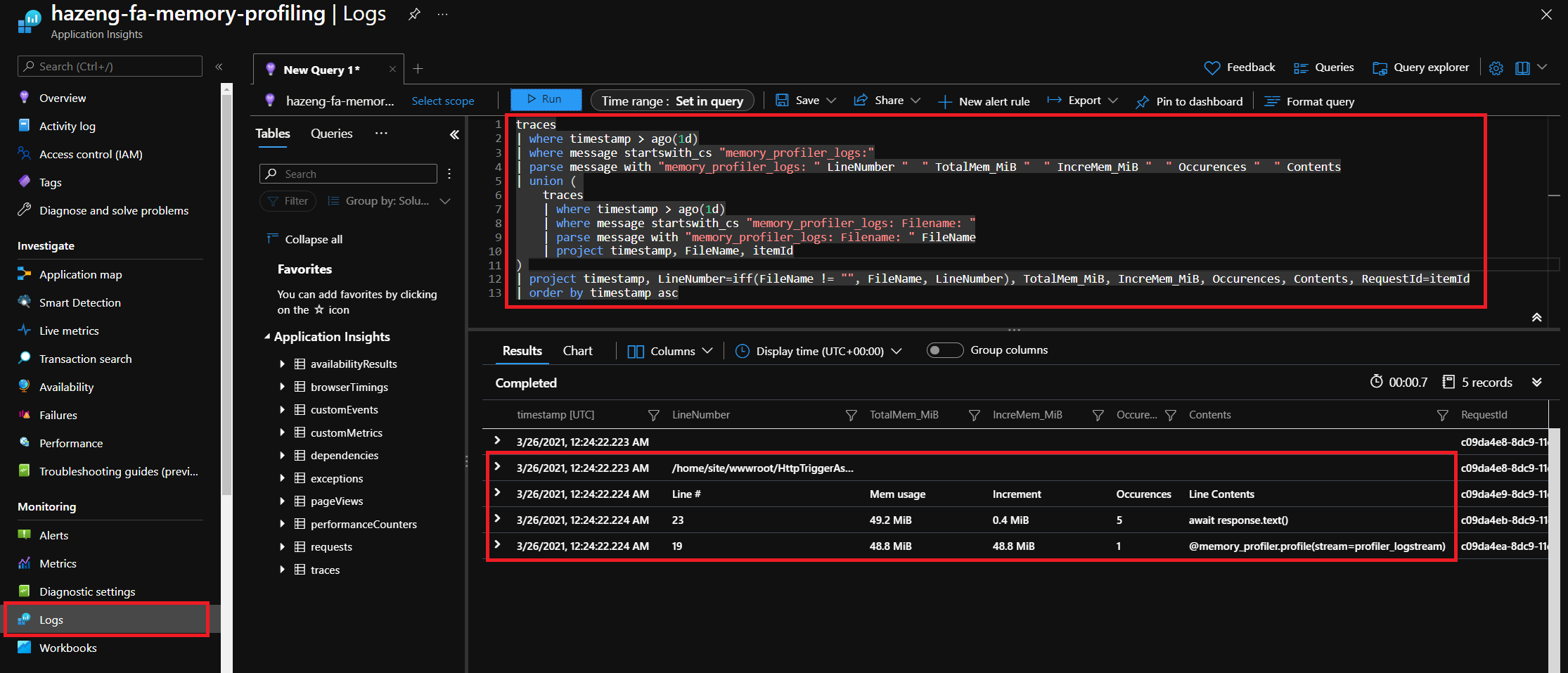 Capture d’écran montrant l’utilisation de la mémoire des requêtes d’une application Python dans Application Insights.