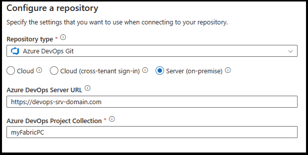 Capture d’écran montrant la configuration Azure DevOps d'un dépôt à l'aide d'un serveur.