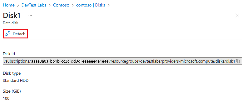Capture d’écran montrant la fonction Détacher sur la page Disque de données.