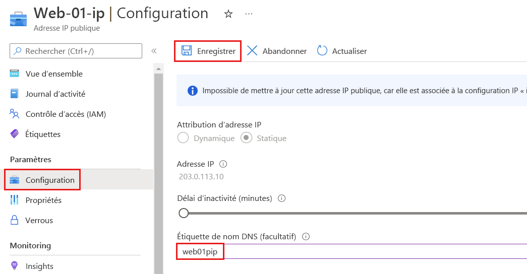 Capture d'écran de la page de configuration de l'adresse IP publique Azure montrant l’étiquette du nom DNS.