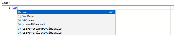 Capture d’écran montrant le flux de travail Consommation, l’action Exécuter le code JavaScript et la liste de saisie semi-automatique des mots clés.