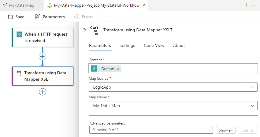 Capture d’écran illustrant Visual Studio Code, le concepteur de flux de travail standard avec l’action sélectionnée intitulée Transformer à l’aide de Data Mapper XSLT et les propriétés de l’action.