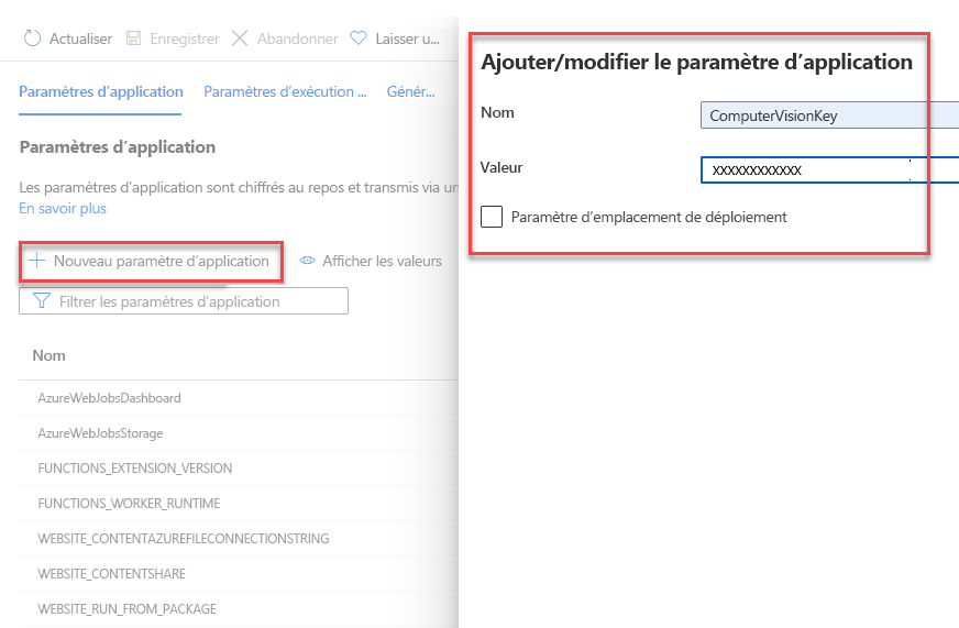 A montrant comment ajouter un nouveau paramètre d’application à un Azure Function.