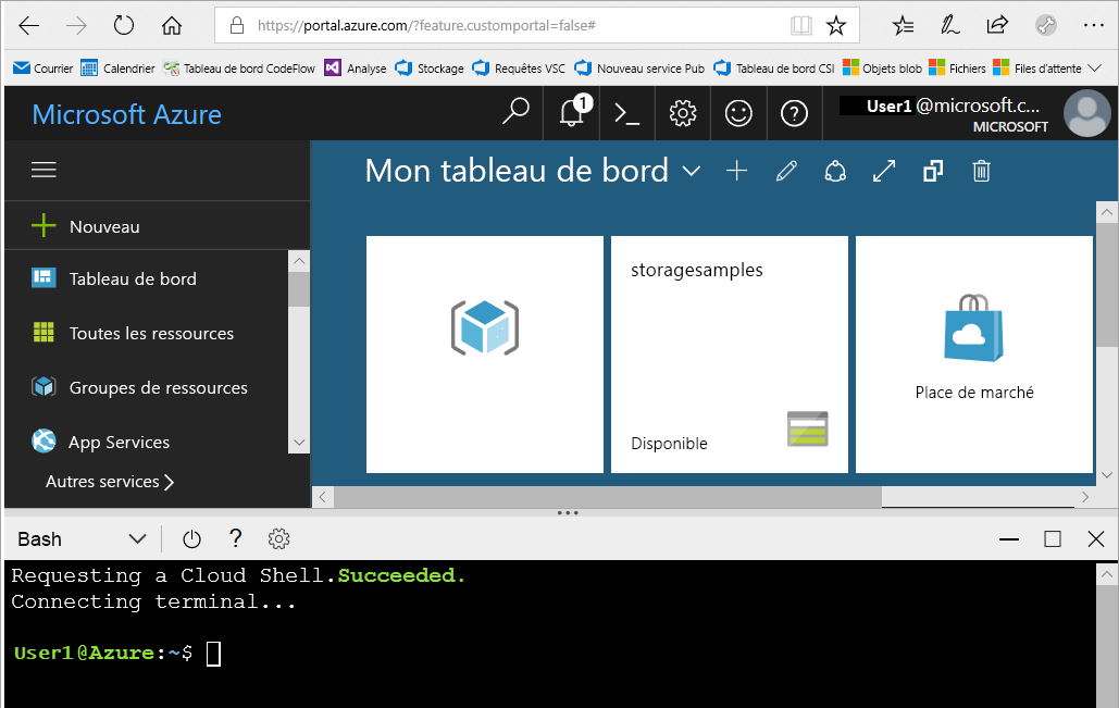 Screenshot de la fenêtre Cloud Shell ouverte dans le portail Azure.