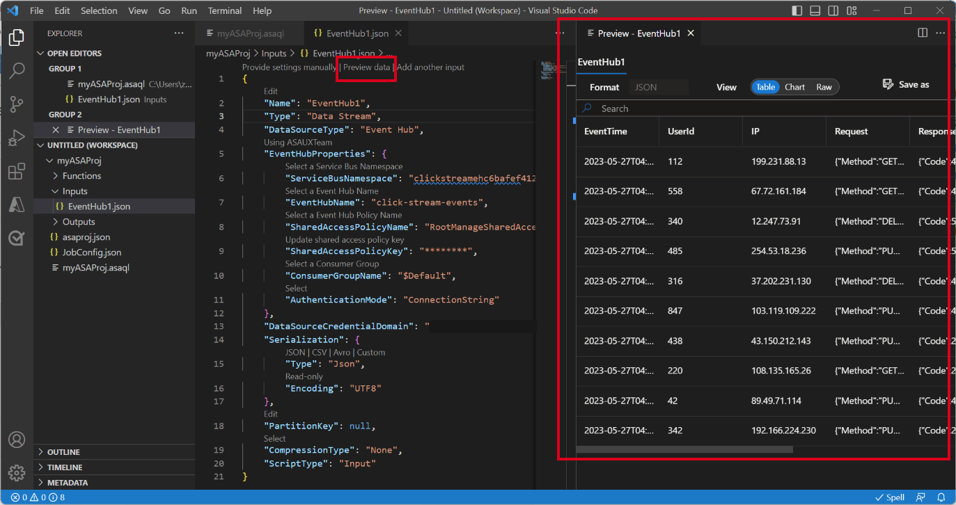 Capture d’écran du fichier de configuration d’entrée dans Visual Studio Code avec les données Aperçu sélectionnées pour récupérer les entrées en direct.