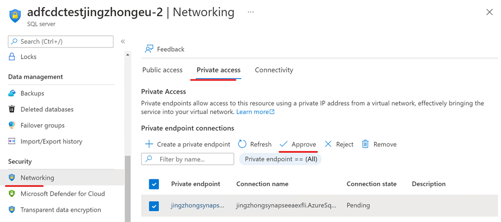 Capture d’écran d’un nouveau point de terminaison privé de service lié à la base de données Azure SQL 3.