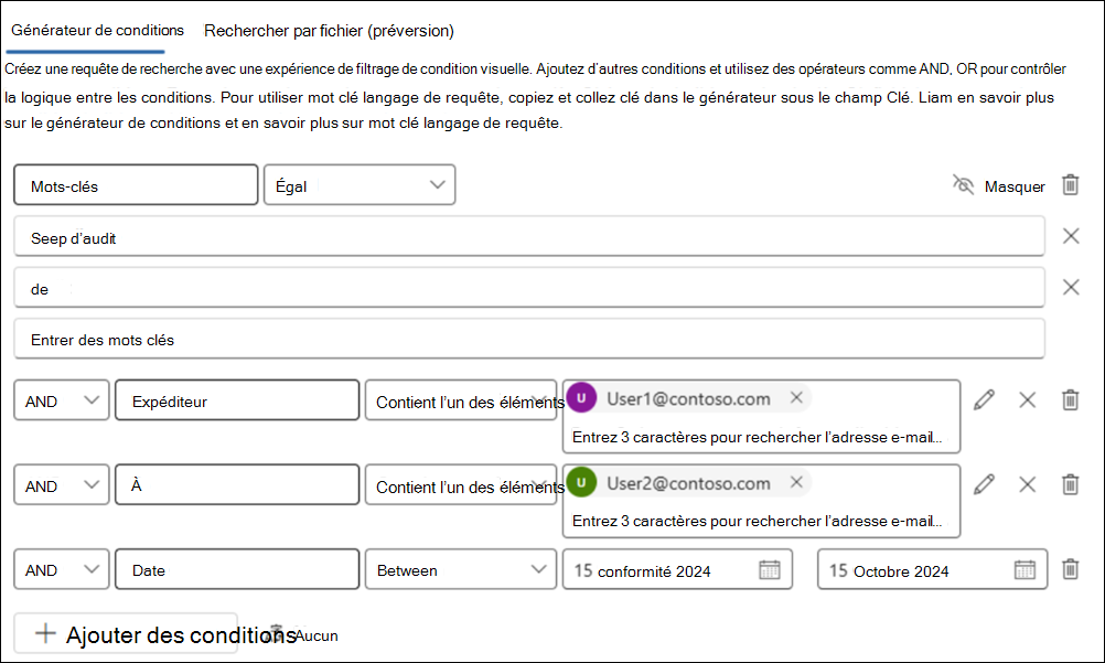 Capture d’écran d’une recherche du générateur de conditions avec les conditions Mots clés, Expéditeur, À et Date configurées pour un exemple de requête.