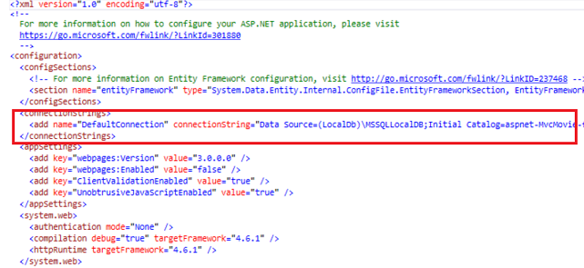 Capture d’écran montrant le code, avec l’élément de chaîne de connexion cerclé en rouge.