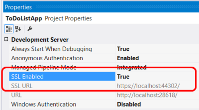 Capture d’écran de SSL Enabled True dans les propriétés.