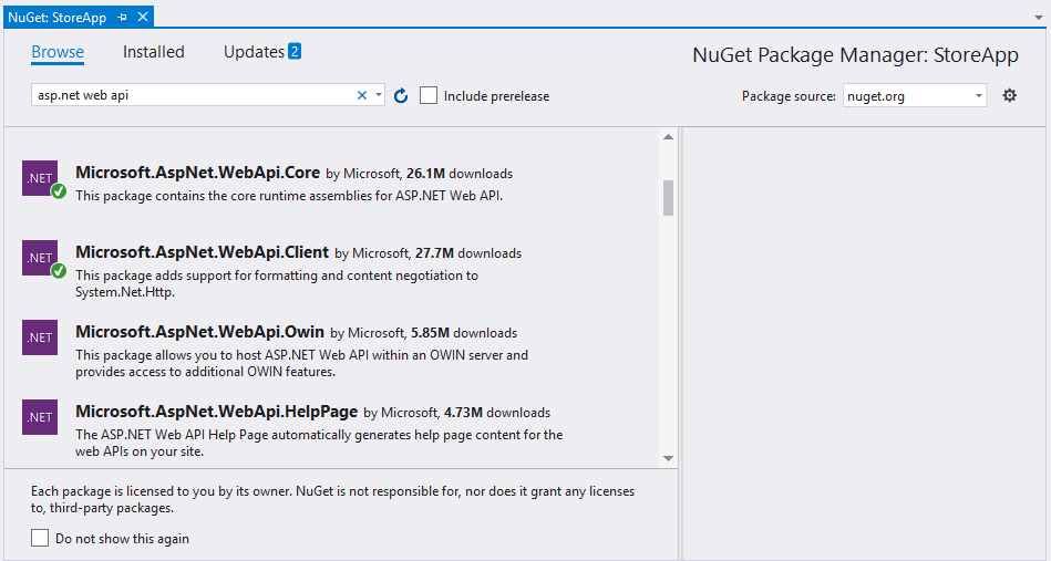 installer le package principal d’API web