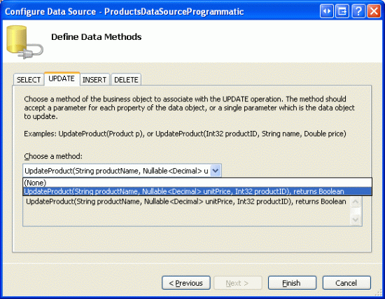 Choisissez la méthode UpdateProduct dans la liste des Drop-Down de l’onglet UPDATE
