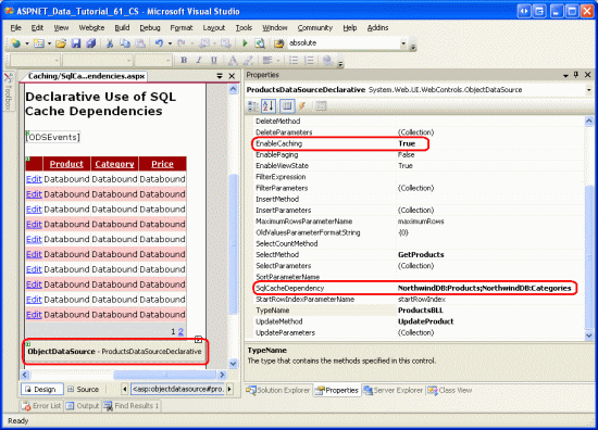 Configurer ObjectDataSource pour prendre en charge la mise en cache à l’aide des dépendances de cache SQL sur les produits et les catégories