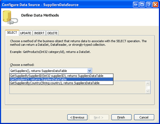Configurer ObjectDataSource pour utiliser la méthode GetSuppliers de la classe SuppliersBLL
