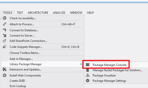 Sélection de la console du gestionnaire de packages