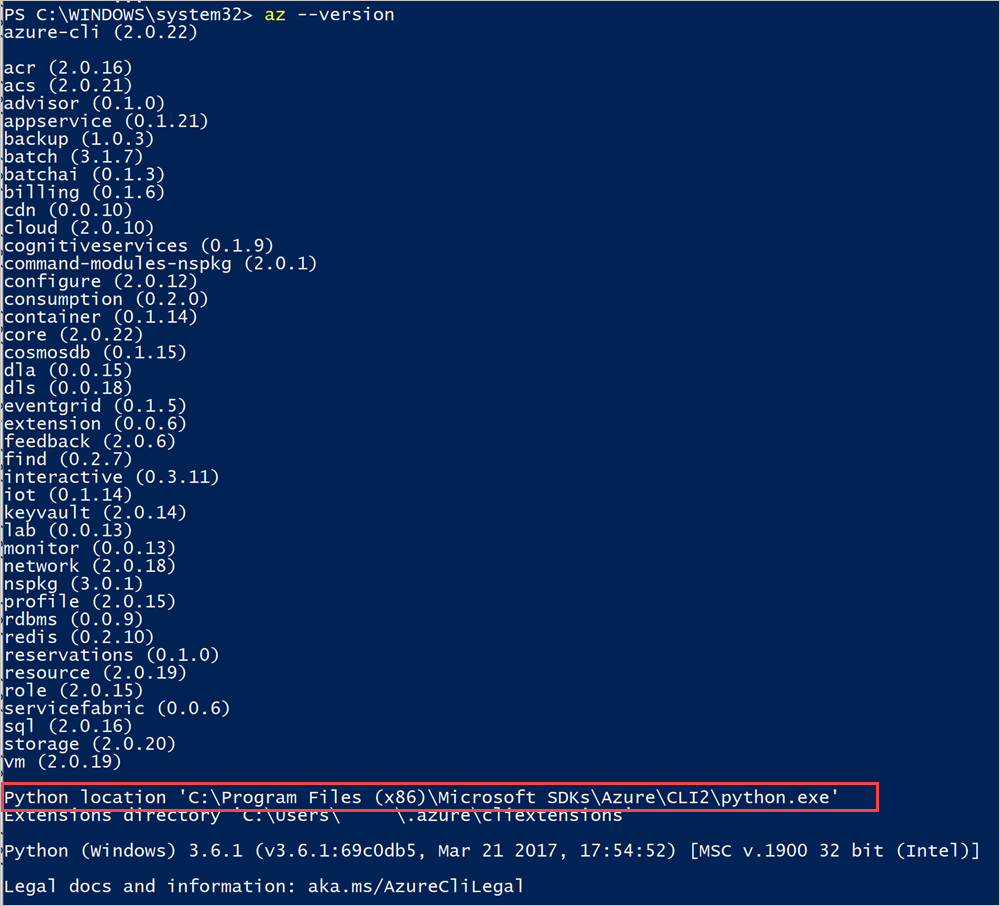 Azure CLI sur l’emplacement Python d’Azure Stack Hub