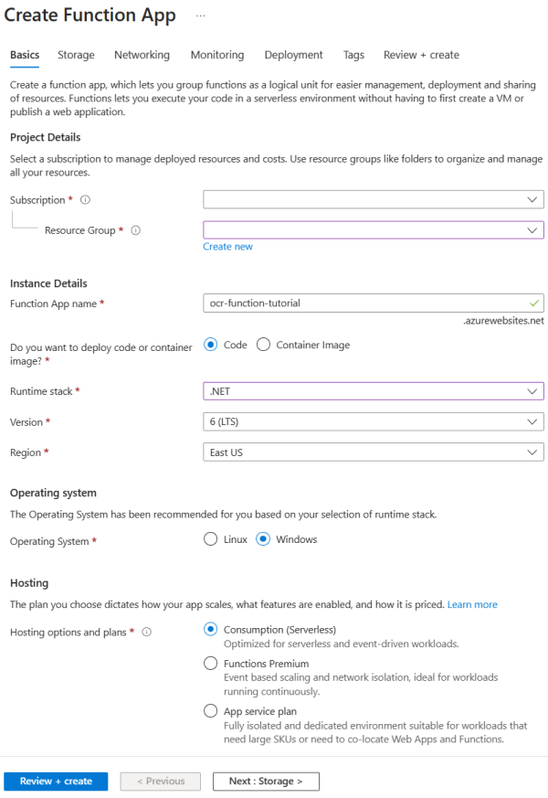 Capture d’écran de la page Créer une application de fonction sous l’onglet Informations de base à l’aide d’exemples d’informations.