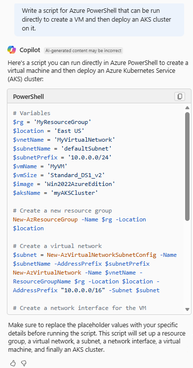 Capture d’écran d’Azure Copilot fournissant un script PowerShell qui crée une machine virtuelle et déploie un cluster AKS.