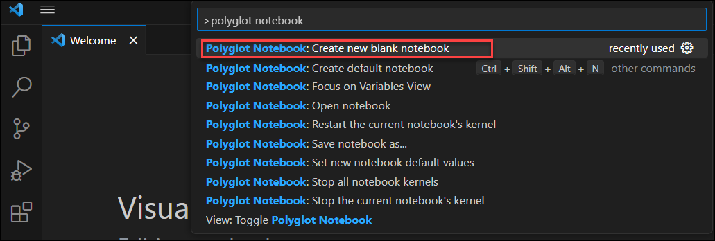 Capture d’écran de la commande Polyglot Notebook: Create new blank notebook dans Visual Studio Code.