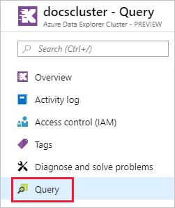 Capture d’écran d’un cluster Azure Data Explorer dans le Portail Azure. L’élément de requête est mis en surbrillance.