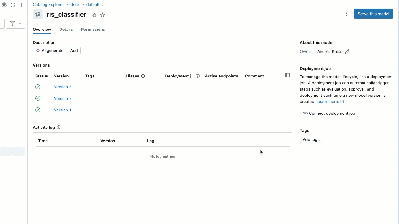 Comment ajouter un alias à une version de modèle à partir de la page de détails du modèle.