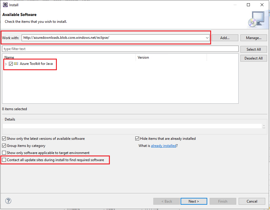 Installation du kit de ressources Azure pour Eclipse.