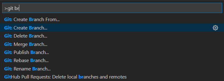 Capture d’écran d’une recherche de branche Git et sélection de Git Create Branch.