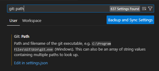 Capture d’écran de la barre de recherche des paramètres de Visual Studio Code pour le chemin git.