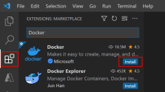Capture d’écran montrant comment ajouter une extension Docker à VS Code.