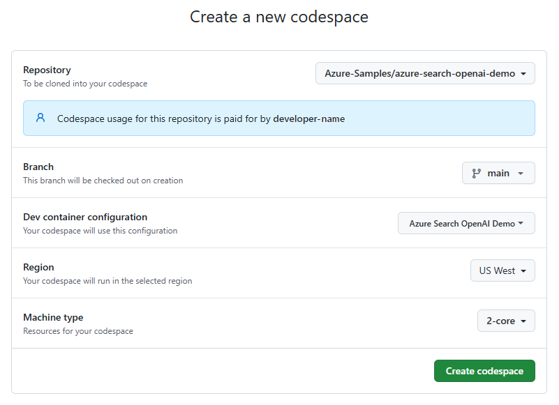 Capture d’écran de confirmation de la création d’un espace de code GitHub pour l’exemple.