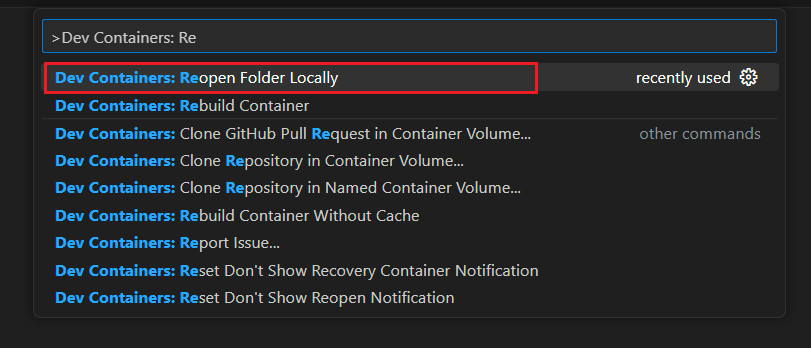 Capture d’écran de l’option Palette de commandes pour rouvrir le dossier actif dans votre environnement local dans Visual Studio Code.