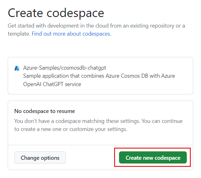 Capture d’écran de l’écran de confirmation avant la création d’un codespace.