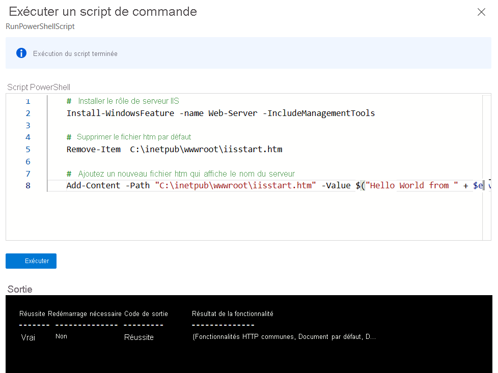 Capture d’écran de la fenêtre Exécuter un script de commande avec le code PowerShell et la sortie.