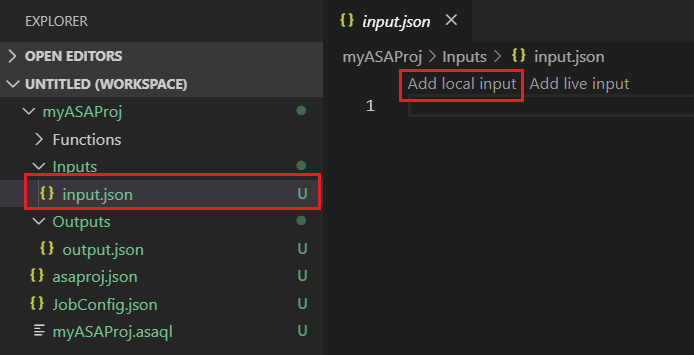 Capture d’écran d’un projet Stream Analytics dans Visual Studio Code avec Ajouter une entrée locale sélectionnée dans la ligne supérieure.