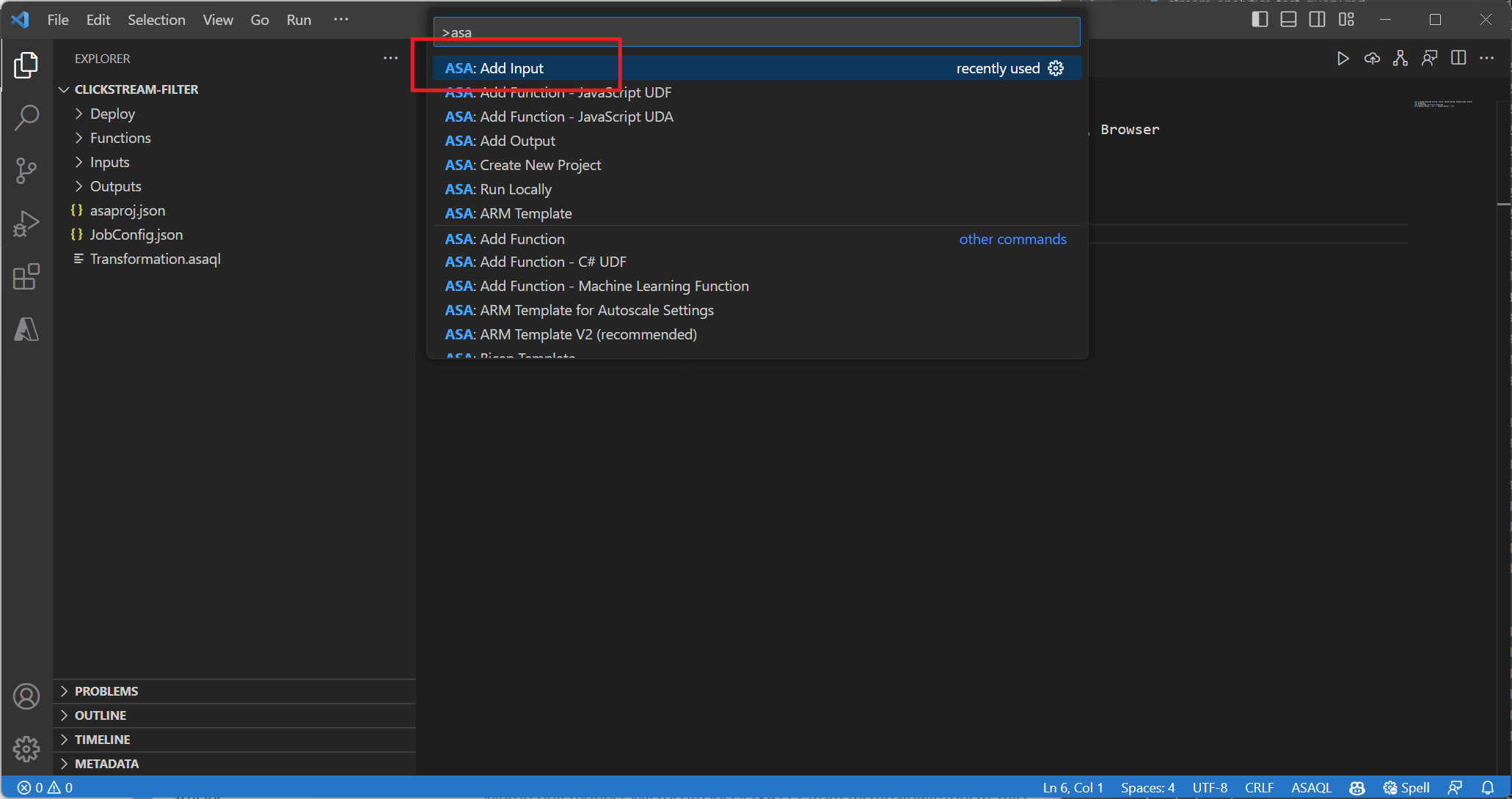 Capture d’écran de la palette de commandes de Visual Studio Code, avec la commande « ASA : Ajouter une entrée » saisie.