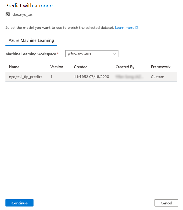 Capture d’écran montrant la sélection du modèle Azure Machine Learning.