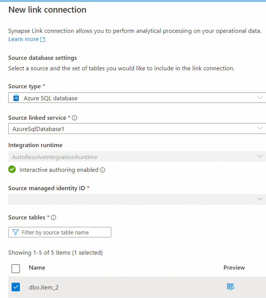 Capture d’écran qui montre comment créer une connexion de lien à partir d’une base de données Azure SQL.