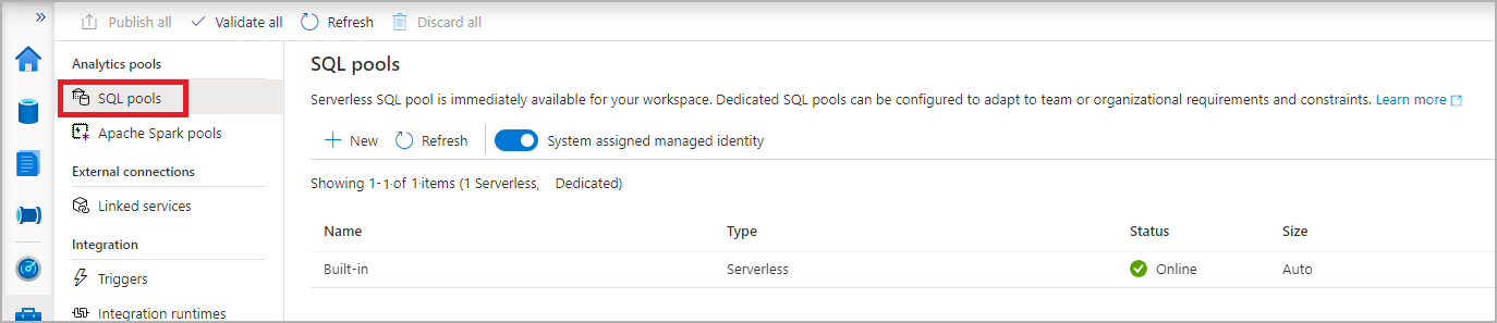 Capture d’écran du hub de gestion Synapse Studio avec la navigation des pools SQL sélectionnée.