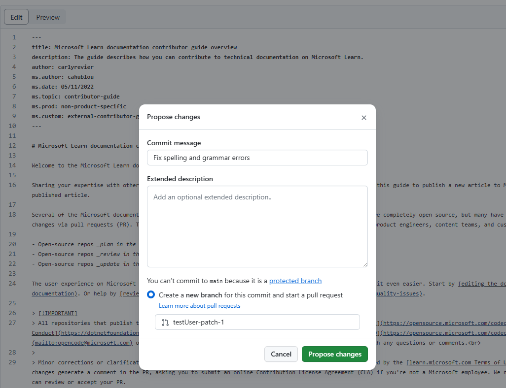 Capture d'écran de la fenêtre contextuelle «&nbsp;Proposer des modifications&nbsp;».