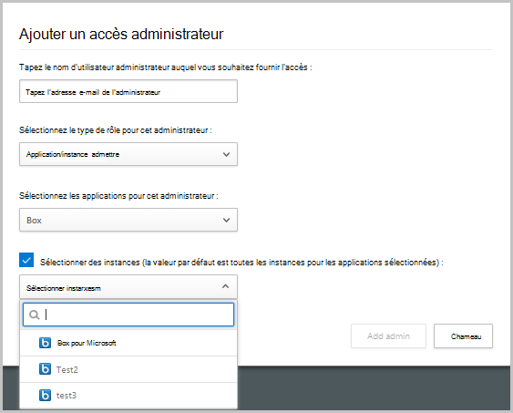 Capture d’écran montrant la boîte de dialogue Ajouter un utilisateur pour ajouter des administrateurs supplémentaires dans Defender for Cloud Apps.