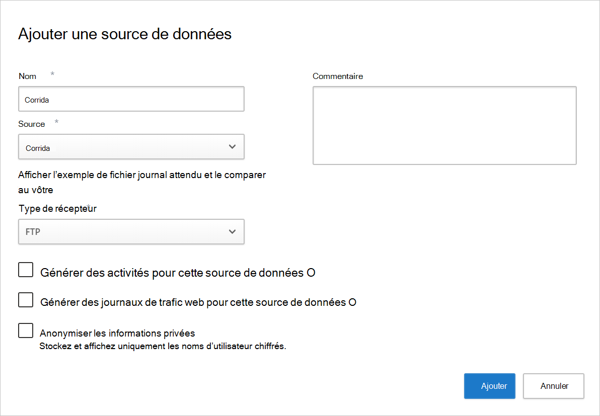 Capture d’écran de la page Ajouter la source des données avec Corrata sélectionné comme source.