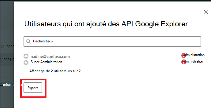 Capture d’écran de la fenêtre contextuelle Autoriser par les utilisateurs avec le bouton Exporter pour les données d’audit d’application OAuth.