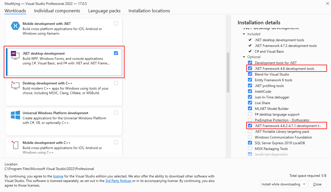 Programme d’installation de Visual Studio avec les options .NET Framework sélectionnées.